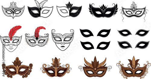 Elegant masquerade masks vector set with ornate Venetian carnival designs featuring decorative feathers and vintage luxury costume elements