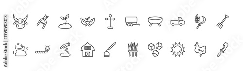 agriculture and farm icon set with shears, trailer, sunny signs in flat outline style