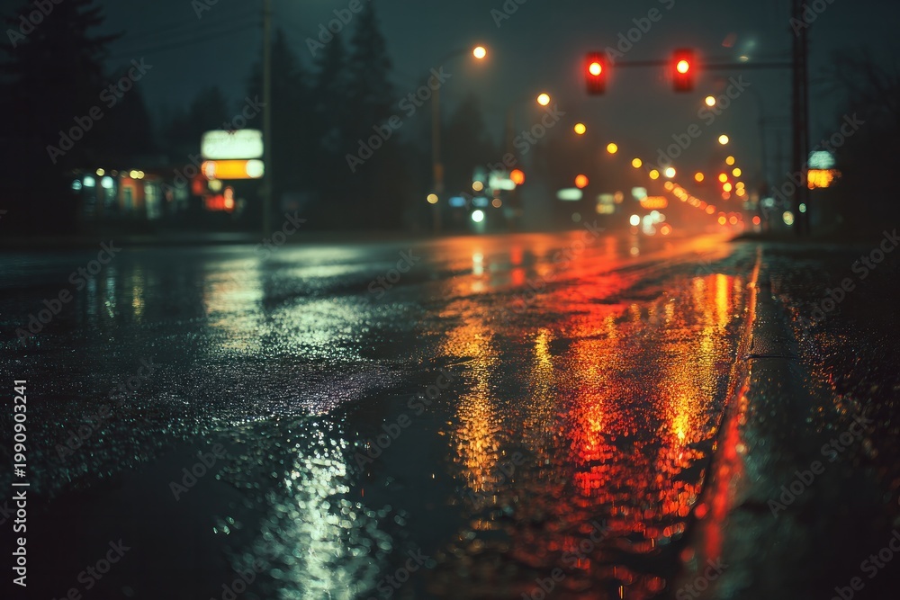 Fototapeta premium Rainy night street with glowing lights and wet pavement