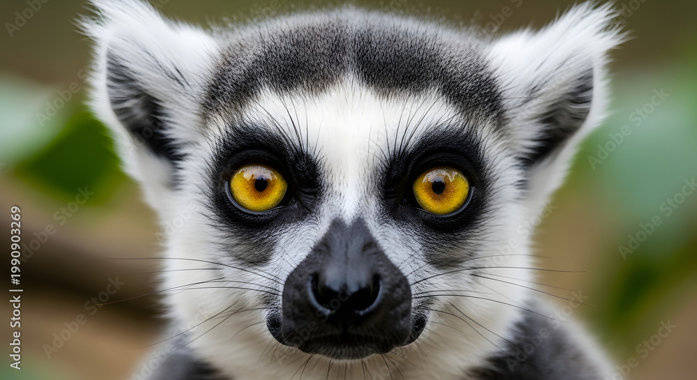 Obraz premium Closeup portrait of a lemur with striking yellow eyes and black and white fur looking directly at the camera