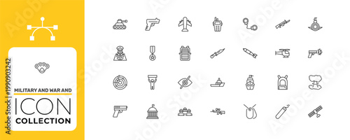 military and war and icon set with walkie talkie, condecoration, naval signs in flat outline style
