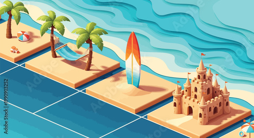 Tropical beach isometric scene with palm trees hammock surfboard sandcastle