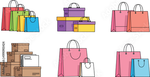 Shopping bags and cardboard boxes vector set with retail packaging gift bags and delivery parcels modern ecommerce illustration collection