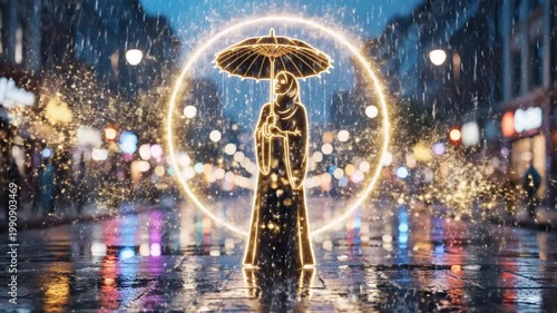 Glowing woman in hijab holding umbrella on rainy city street