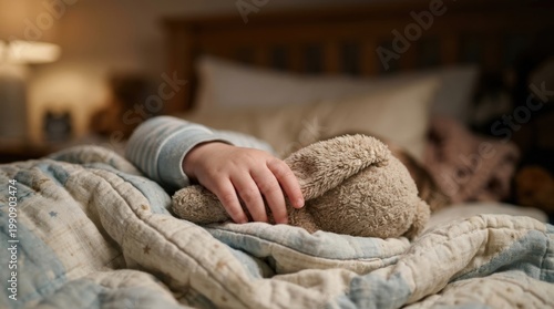 Child hand holding plush toy ear while settling in bed