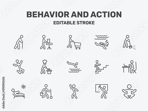behavior and action icon set with man shopping, man diving, man sweeping signs in flat outline style