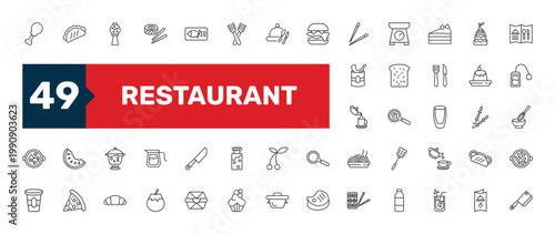 restaurant icon set with kitchen fish, restaurant fried egg, fresh tomato signs in flat outline style