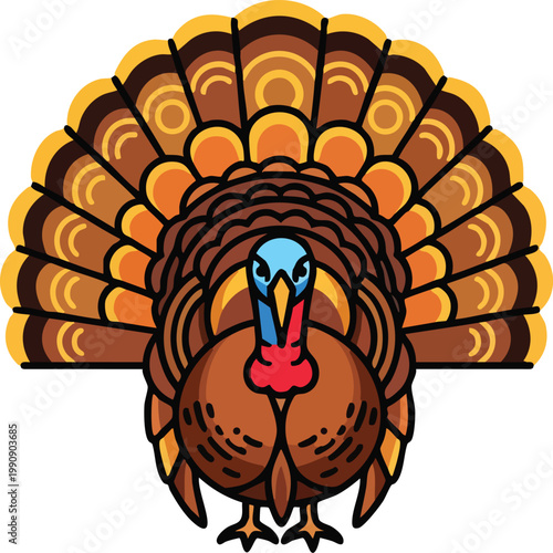 Stylized illustration of a thanksgiving turkey with fanned tail feathers domestic bird game bird farm animal wild of prey thanksgiving day red white blue us holiday