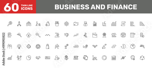 business and finance icon set with department head, search analytics, user stats signs in flat outline style