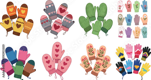 Winter gloves and mittens vector set with colorful knitted handwear featuring patterns hearts and floral designs cozy seasonal collection