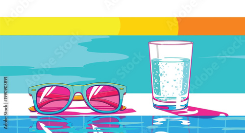 Pink sunglasses and glass of sparkling water on poolside edge with turquoise swimming water