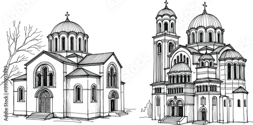 Hand Drawn Byzantine Style Orthodox Church and Cathedral Architecture Sketch Set Featuring Decorative Domes and Towers for Travel Guides, History Books, and Religious Cultural Heritage Designs