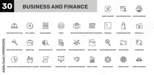 business and finance icon set with paper shredder, basic burger, graduation ceremony signs in flat outline style