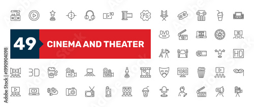 cinema and theater icon set with headphone, red carpet, dslr camera signs in flat outline style