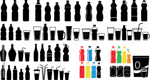 Plastic bottle and beverage cup vector silhouette set featuring assorted drink containers soda packaging and disposable glass icons