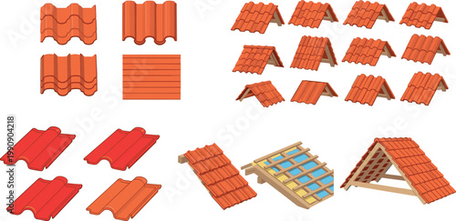 Roof tile vector set with terracotta roofing elements isolated showing different angles patterns and construction structure components collection