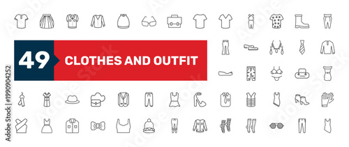 clothes and outfit icon set with circle skirt, boyfriend low jean, bow tie signs in flat outline style