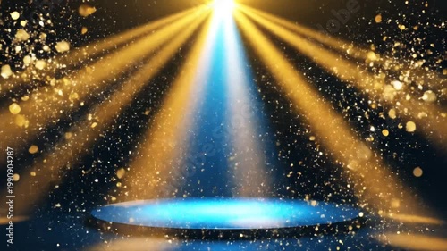 Golden spotlights and sparkles over a blue circular stage