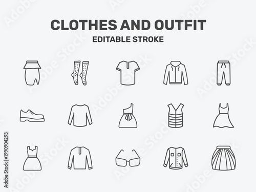 clothes and outfit icon set with henley shirt, hooded jacket, sweatpants signs in flat outline style