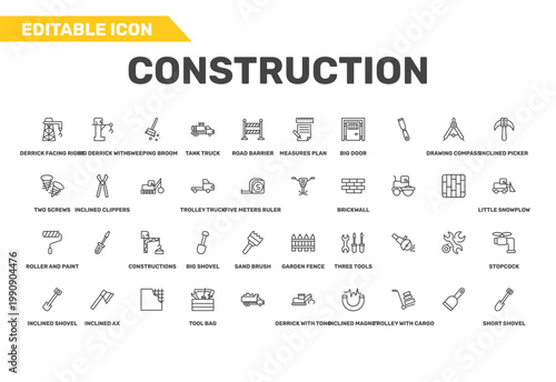 construction icon set with measures plan, two screws, inclined shovel signs in flat outline style