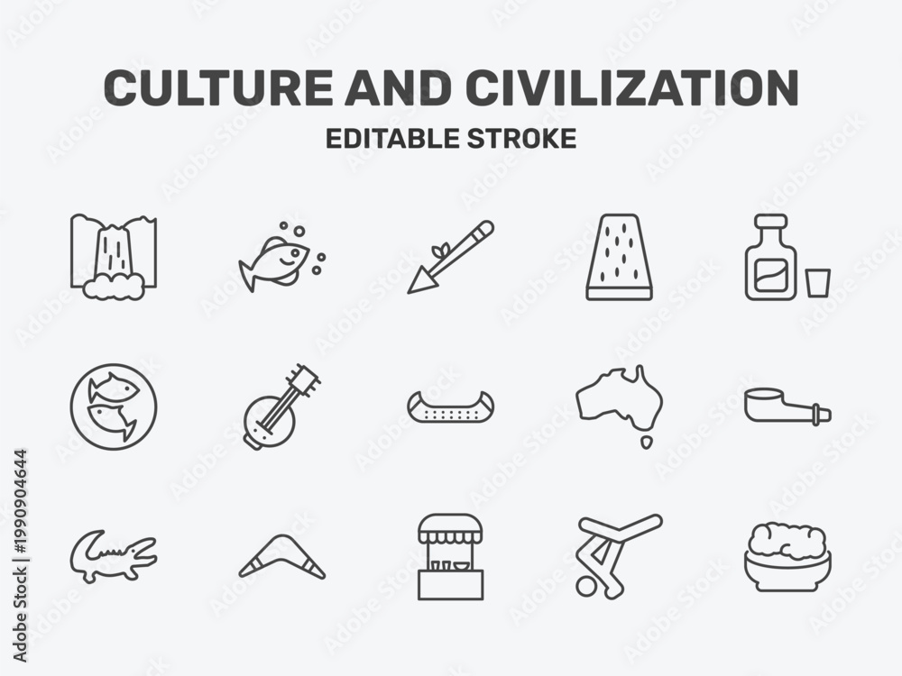 Fototapeta premium culture and civilization icon set with native american spear, turron, orujo signs in flat outline style