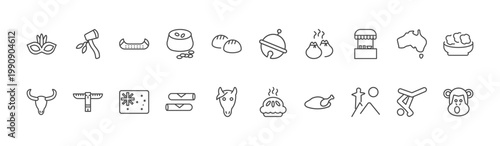 culture and civilization icon set with native american axes, sleigh bell, rio de janeiro signs in flat outline style