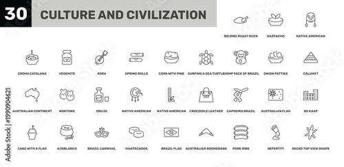culture and civilization icon set with native american skull, kora, brazil flag signs in flat outline style