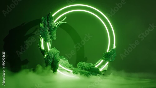 Green neon circle with tropical leaves and misty smoke