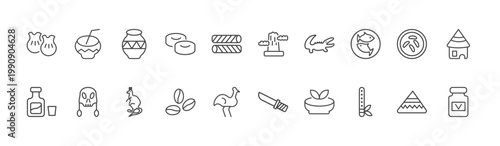 culture and civilization icon set with kalabas, pico cao, native american flute signs in flat outline style