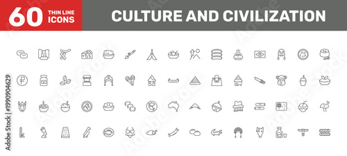 culture and civilization icon set with maletsunyane, food stall, female bikini piece signs in flat outline style