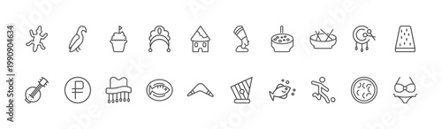 culture and civilization icon set with aw on a branch, nefertiti, brazil soccer player signs in flat outline style