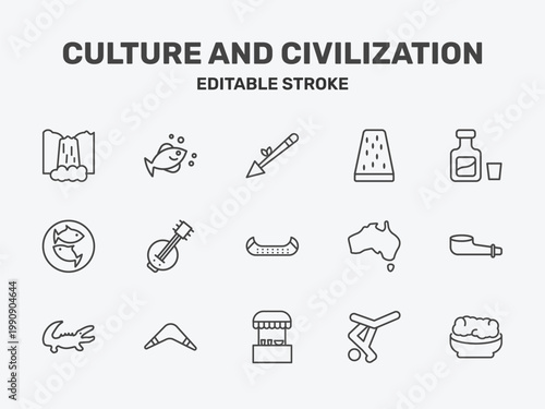 culture and civilization icon set with native american spear, turron, orujo signs in flat outline style