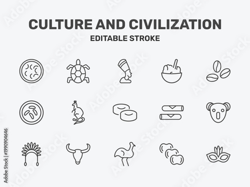 culture and civilization icon set with nefertiti, rice pudding, coffee grains signs in flat outline style