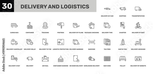 delivery and logistics icon set with transportation, tracking, on door delivery signs in flat outline style