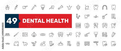 dental health icon set with fake tooth, apicoectomy, dentist chair signs in flat outline style