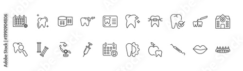 dental health icon set with sealants, tooth whitening, dental probe signs in flat outline style