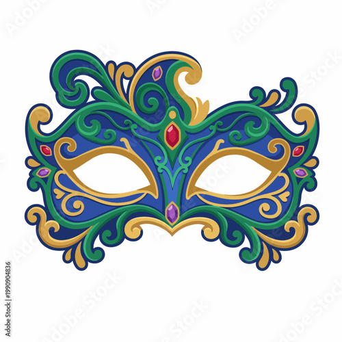 This captivating illustration features an elaborate masquerade mask adorned with colorful designs, jewels, and swirls, symbolizing mystery, celebration, and artistry.