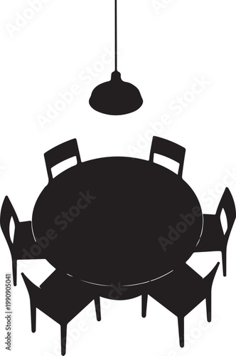 Black silhouette of dining table with six chairs and lamp