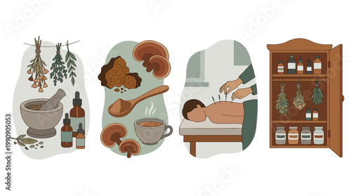 Holistic wellness flat vector illustrations: herbal medicine, medicinal mushrooms, acupuncture, and apothecary cabinet.