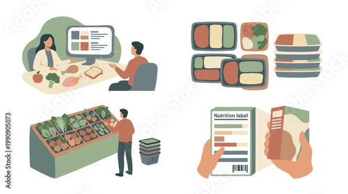 Healthy Nutrition Concepts: Consultation, Macro Meal Prep, Grocery Shopping, and Nutrition Label Reading, Flat Vector.