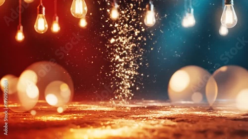 Hanging light bulbs with red and blue bokeh background