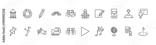 education and science icon set with atomic orbitals, daycare center, geography signs in flat outline style