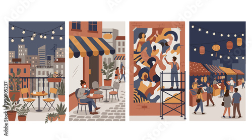 Urban life flat vector illustrations: rooftop terrace, street cafe, mural wall, and night market scenes