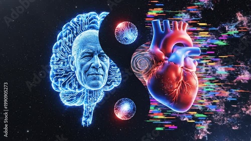 Human brain and heart forming yin yang symbol in space