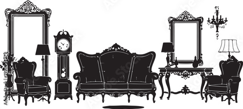 Black silhouettes of antique furniture and decor