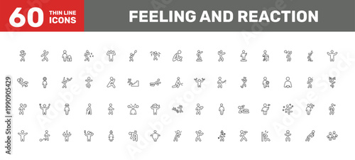 feeling and reaction icon set with amused human, stupid human, exhausted human signs in flat outline style