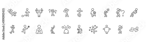 feeling and reaction icon set with guilty human, stupid human, fat human signs in flat outline style