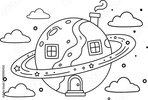 Planet house coloring page for kids, whimsical space doodle with saturn rings and clouds, minimalist line art of a cosmic home isolated on white.
