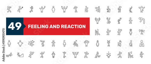 feeling and reaction icon set with full human, lovely human, accomplished human signs in flat outline style