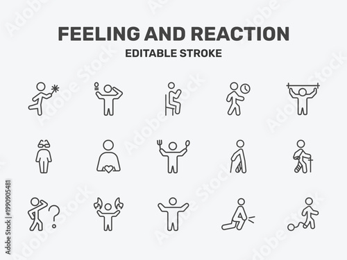 feeling and reaction icon set with satisfied human, impatient human, pumped human signs in flat outline style